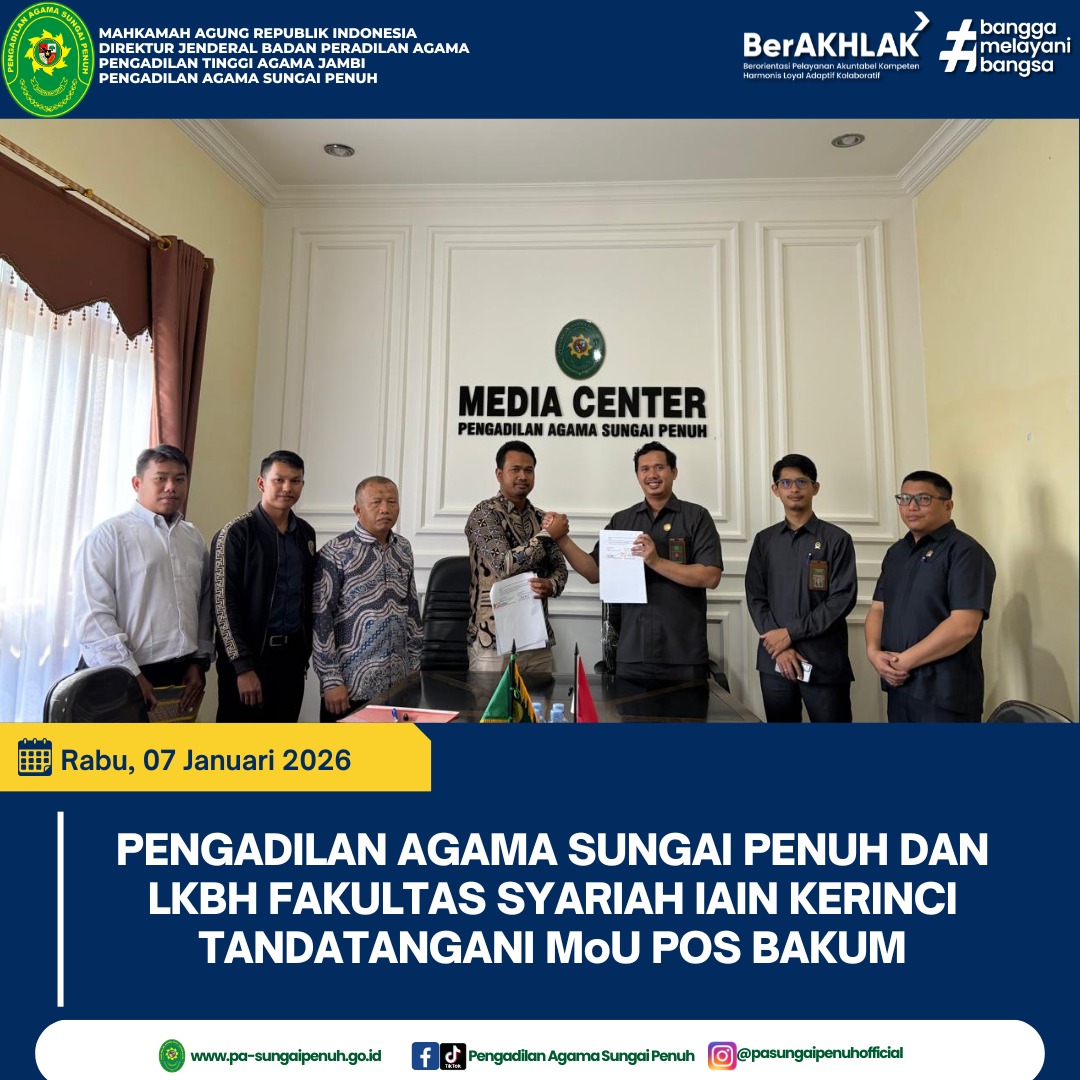 PENGADILAN AGAMA SUNGAI PENUH DAN LKBH FAKULTAS SYARIAH IAIN KERINCI TANDATANGANI MoU POSBAKUM